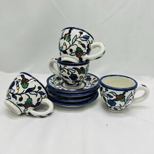 VTG Jerusalem Pottery Espresso Cups Set Of‎ 4 Floral Demitasse Collectible READ
